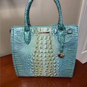 Brahmin Blue and Green Satchel with Crocodile Embossed Texture
